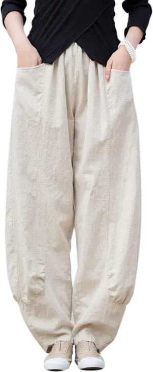 IXIMO Women's Linen Pants Elastic Waist Patchwork Relax Ankle Trousers Front Pockets Army Green S