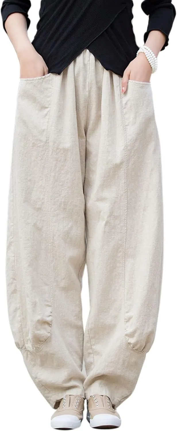 IXIMO Women's Linen Pants Elastic Waist Patchwork Relax Ankle Trousers Front Pockets Army Green S