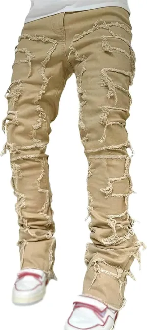 Jeans for Men Regular Fit Men's Slim Fit Stretch Jeans Distressed Patchwork Stacked Frayed Straight Leg Skinny Denim