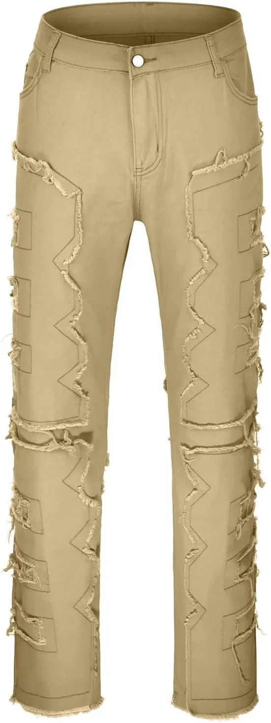 Jeans for Men Regular Fit Men's Slim Fit Stretch Jeans Distressed Patchwork Stacked Frayed Straight Leg Skinny Denim