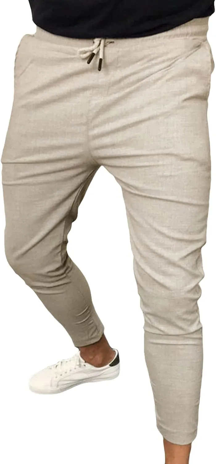 JEShifangjiusu Men's Casual Linen Pants Elastic Waist Drawstring Cotton Trousers Loose Soft Stretch Chino Pant Jogger Pants