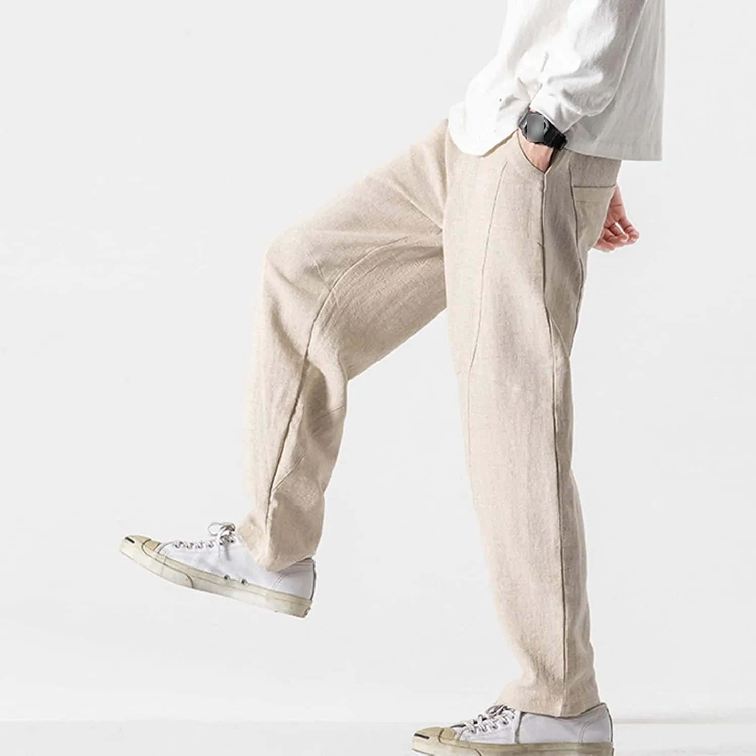 JEShifangjiusu Men's Comfort Stretch Cotton Chino Pants Loose Fit Casual Trousers Lightweight Elastic Waist Summer Beach Pant