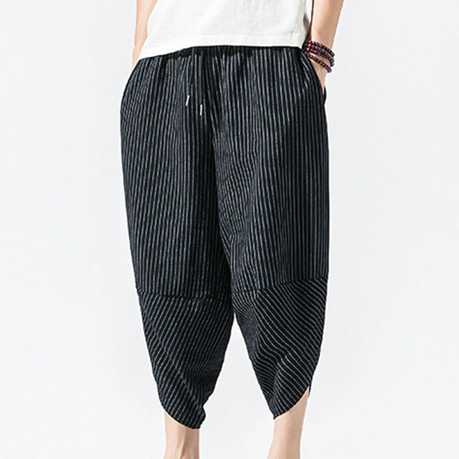 JEShifangjiusu Men'S Linen Cotton Pants Stretch Cropped Chino Skinny Pants Lightweight Elastic Waist Summer Beach Pants