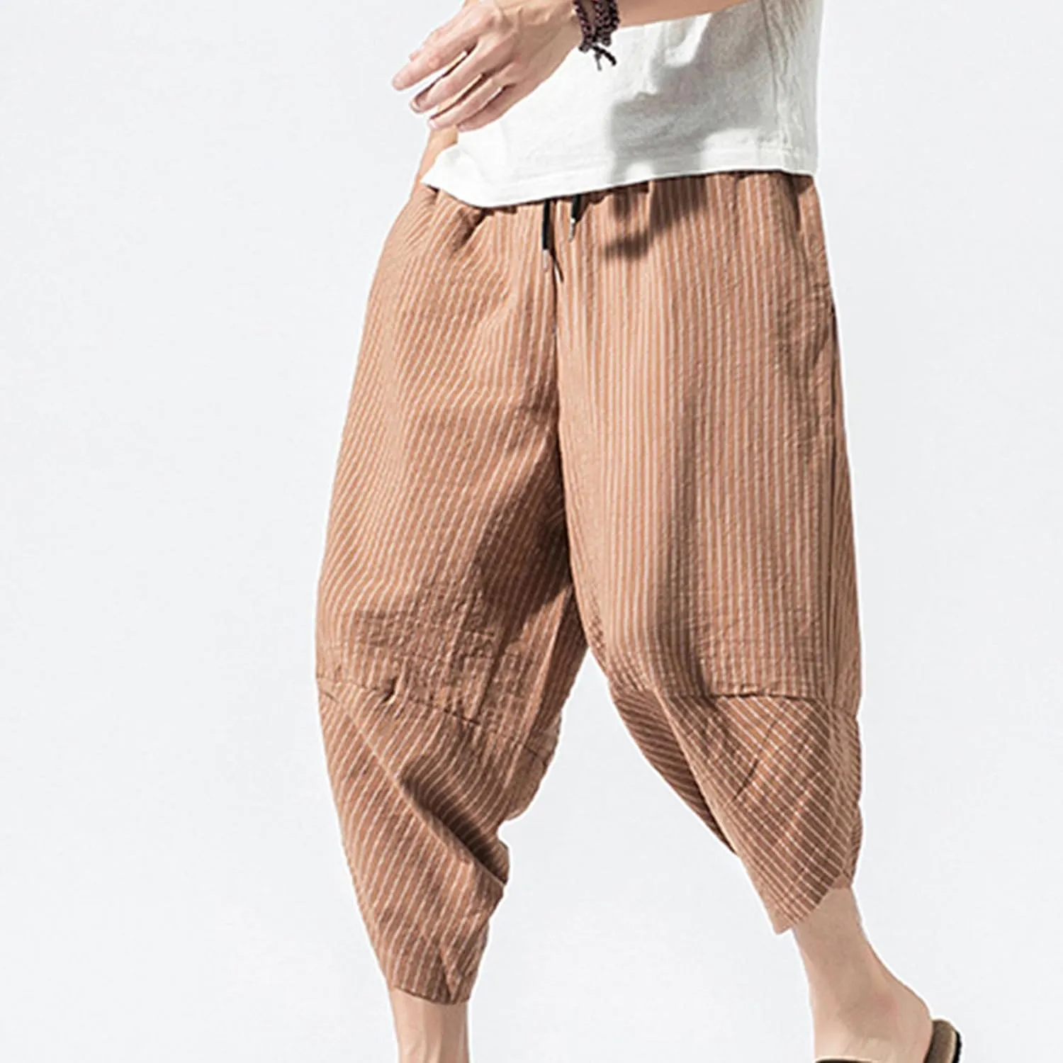 JEShifangjiusu Men'S Linen Cotton Pants Stretch Cropped Chino Skinny Pants Lightweight Elastic Waist Summer Beach Pants