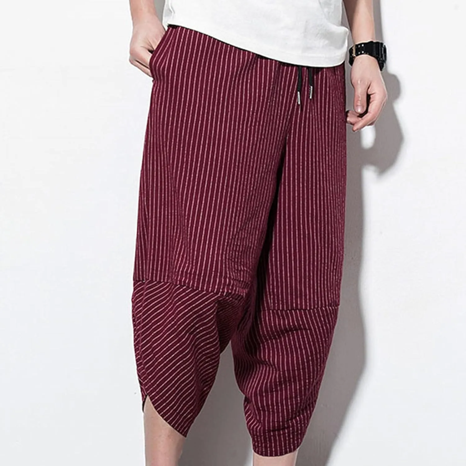 JEShifangjiusu Men'S Linen Cotton Pants Stretch Cropped Chino Skinny Pants Lightweight Elastic Waist Summer Beach Pants