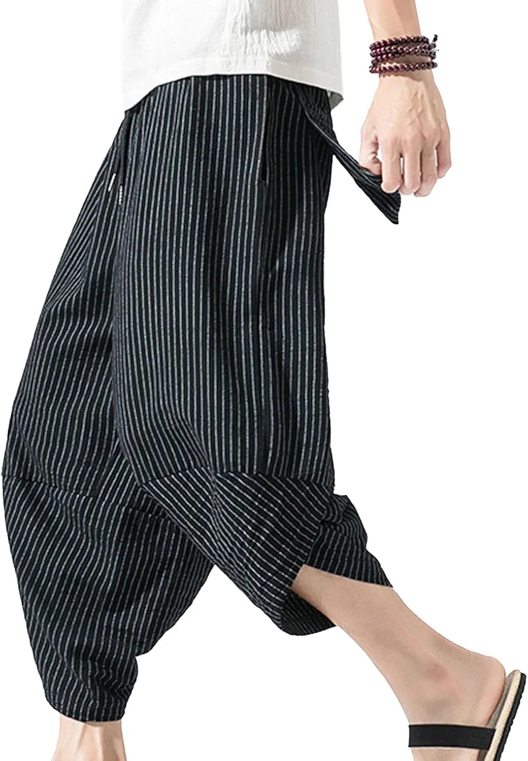JEShifangjiusu Men'S Linen Cotton Pants Stretch Cropped Chino Skinny Pants Lightweight Elastic Waist Summer Beach Pants