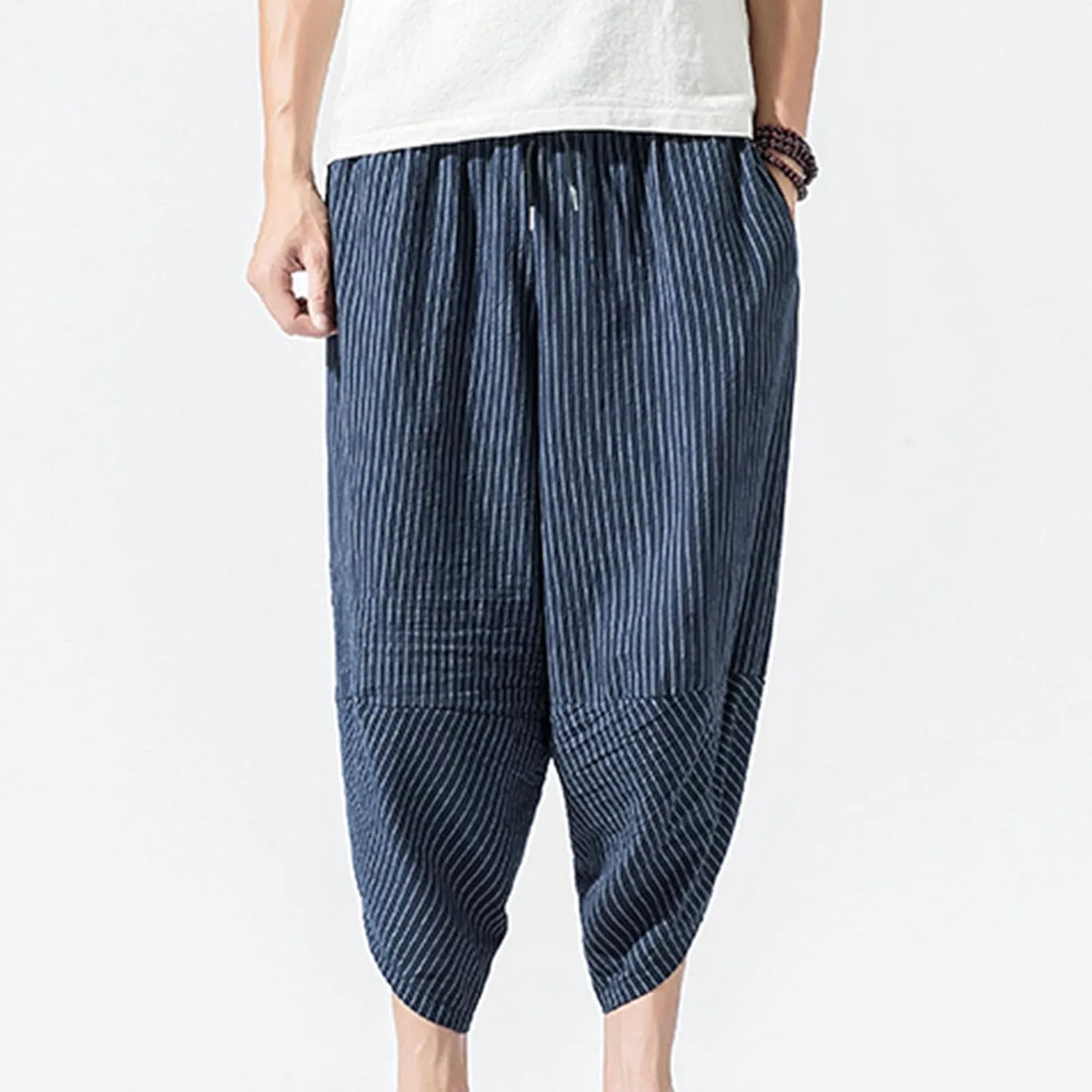 JEShifangjiusu Men'S Linen Cotton Pants Stretch Cropped Chino Skinny Pants Lightweight Elastic Waist Summer Beach Pants