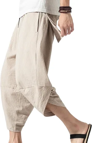 JEShifangjiusu Men'S Linen Cotton Pants Stretch Cropped Chino Skinny Pants Lightweight Elastic Waist Summer Beach Pants