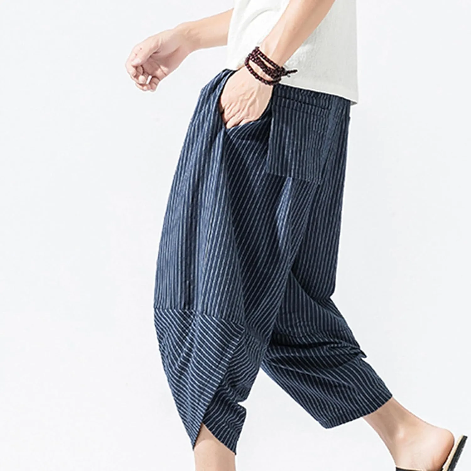 JEShifangjiusu Men'S Linen Cotton Pants Stretch Cropped Chino Skinny Pants Lightweight Elastic Waist Summer Beach Pants