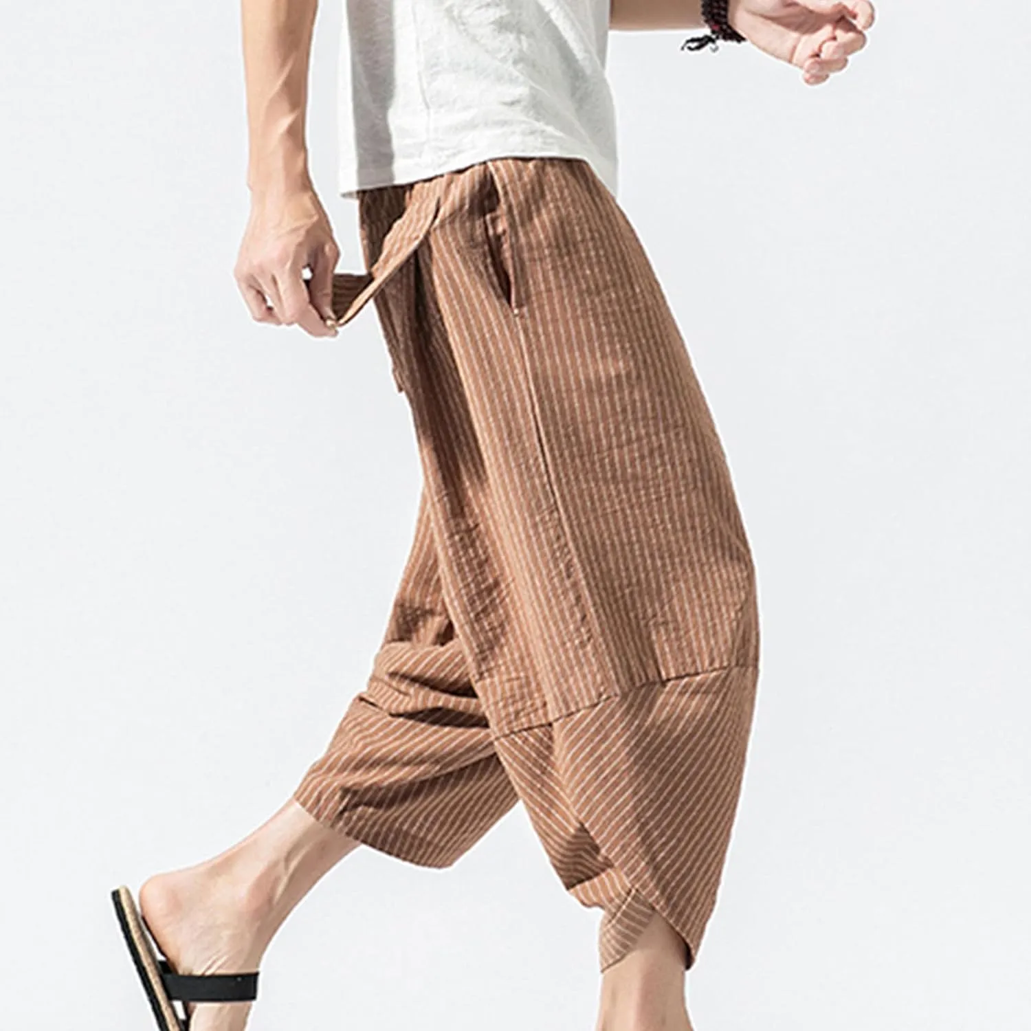 JEShifangjiusu Men'S Linen Cotton Pants Stretch Cropped Chino Skinny Pants Lightweight Elastic Waist Summer Beach Pants