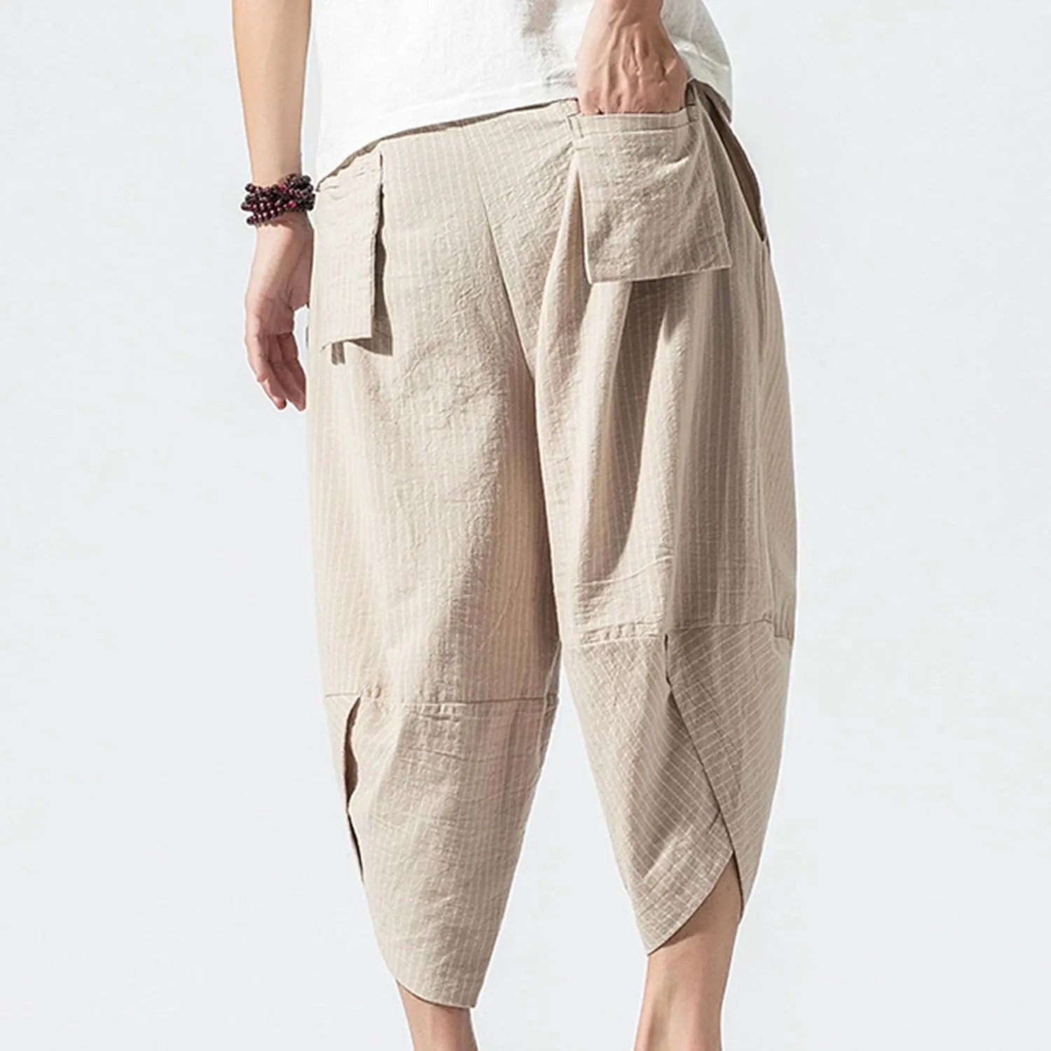 JEShifangjiusu Men'S Linen Cotton Pants Stretch Cropped Chino Skinny Pants Lightweight Elastic Waist Summer Beach Pants