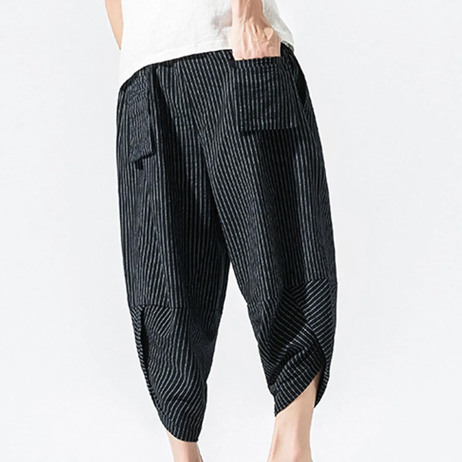 JEShifangjiusu Men'S Linen Cotton Pants Stretch Cropped Chino Skinny Pants Lightweight Elastic Waist Summer Beach Pants