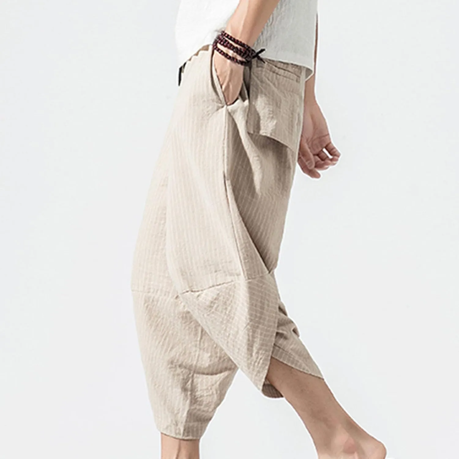 JEShifangjiusu Men'S Linen Cotton Pants Stretch Cropped Chino Skinny Pants Lightweight Elastic Waist Summer Beach Pants