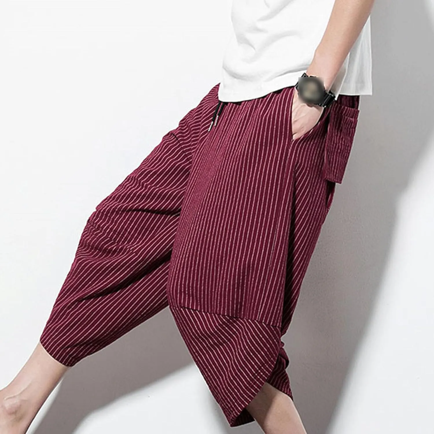 JEShifangjiusu Men'S Linen Cotton Pants Stretch Cropped Chino Skinny Pants Lightweight Elastic Waist Summer Beach Pants
