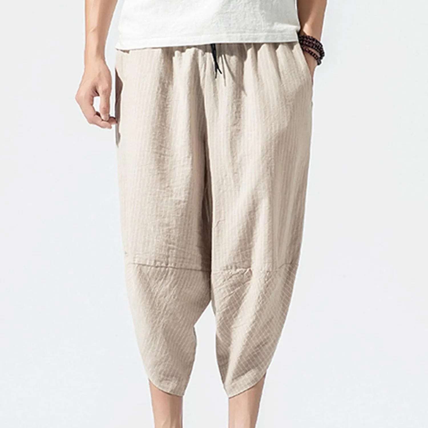 JEShifangjiusu Men'S Linen Cotton Pants Stretch Cropped Chino Skinny Pants Lightweight Elastic Waist Summer Beach Pants