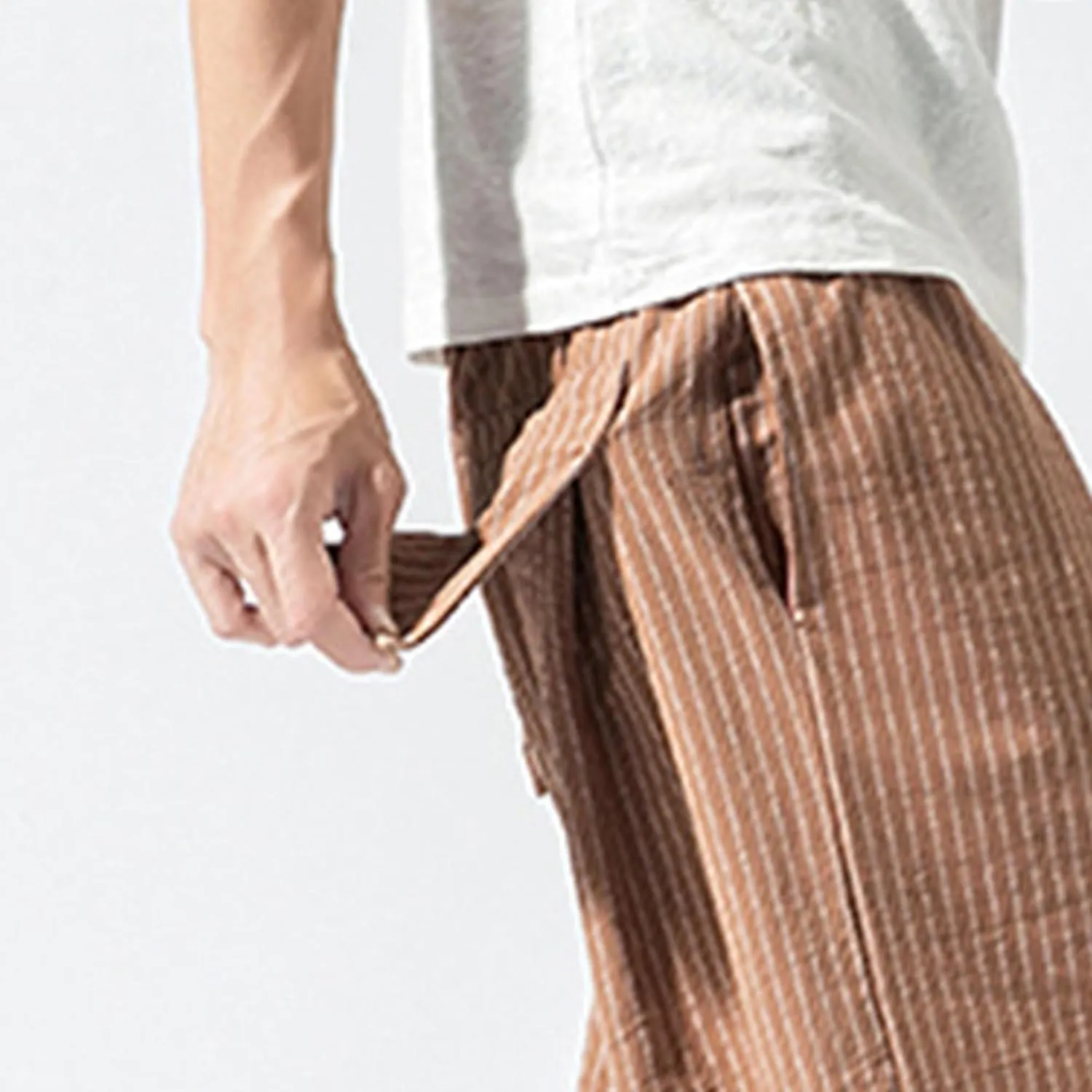 JEShifangjiusu Men'S Linen Cotton Pants Stretch Cropped Chino Skinny Pants Lightweight Elastic Waist Summer Beach Pants