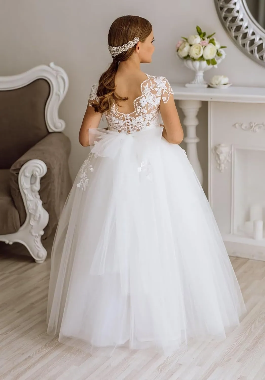 JISISANG Flower Girls Lace Tulle Ball Gowns with Bow-Knot First Communion Dresses Tutu Pageant Dress for Wedding Princess