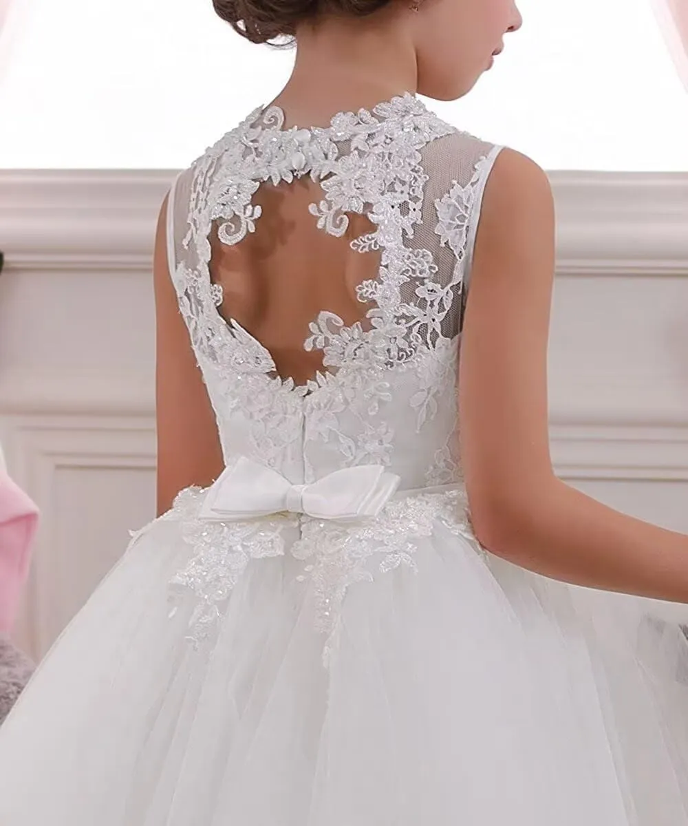 JISISANG Flower Girls Lace Tulle Ball Gowns with Bow-Knot First Communion Dresses Tutu Pageant Dress for Wedding Princess