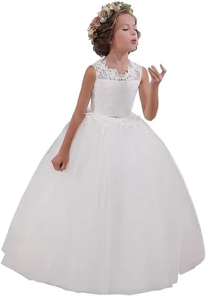 JISISANG Flower Girls Lace Tulle Ball Gowns with Bow-Knot First Communion Dresses Tutu Pageant Dress for Wedding Princess