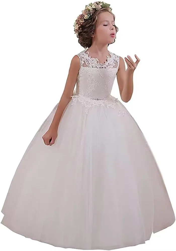JISISANG Flower Girls Lace Tulle Ball Gowns with Bow-Knot First Communion Dresses Tutu Pageant Dress for Wedding Princess