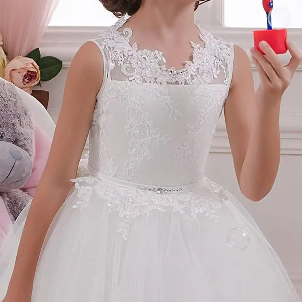 JISISANG Flower Girls Lace Tulle Ball Gowns with Bow-Knot First Communion Dresses Tutu Pageant Dress for Wedding Princess