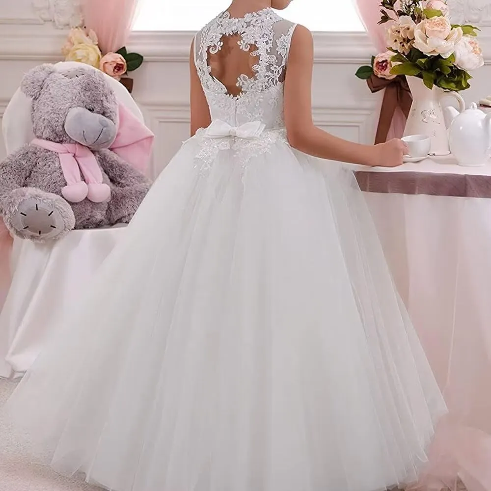 JISISANG Flower Girls Lace Tulle Ball Gowns with Bow-Knot First Communion Dresses Tutu Pageant Dress for Wedding Princess