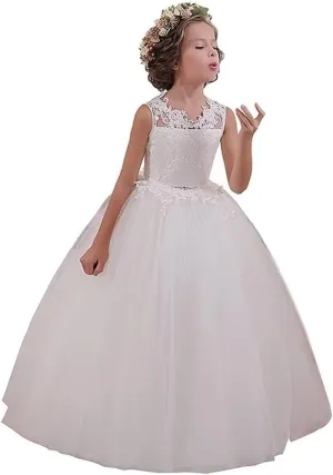 JISISANG Flower Girls Lace Tulle Ball Gowns with Bow-Knot First Communion Dresses Tutu Pageant Dress for Wedding Princess