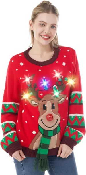 JOYIN Womens LED Light Up Christmas Sweater, Reindeer Christmas Ugly Sweater with Light Bulbs-Red