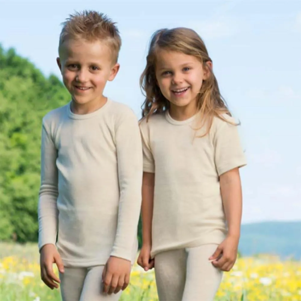 Kid's Short Sleeve Thermal Shirt: Warm and Thin Base Layer Top, Organic Merino Wool Silk, Sizes 2-15 Years