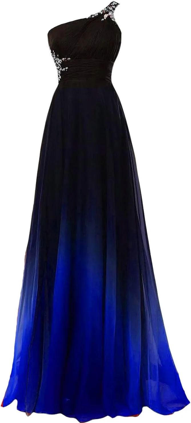 Kivary Sheer Beaded Halter Gradient Ombre Chiffon Long Prom Evening Dresses