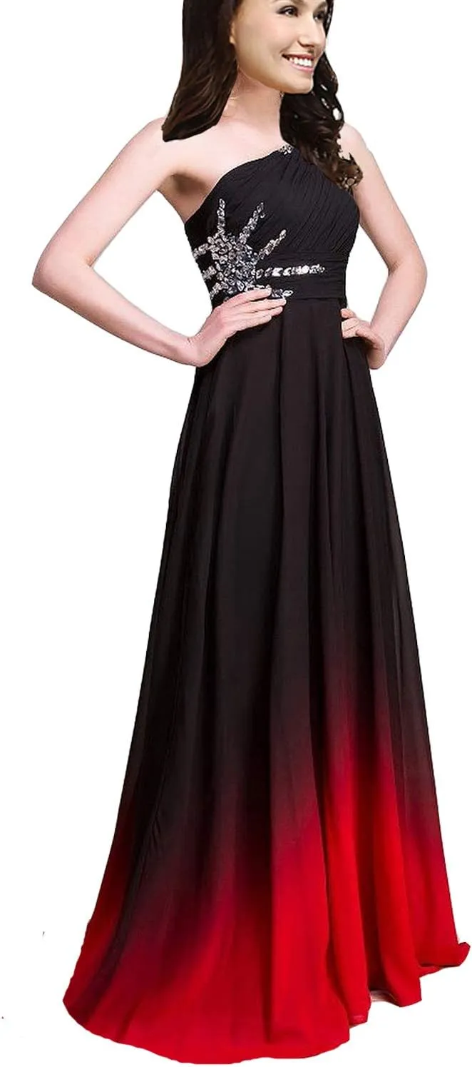 Kivary Sheer Beaded Halter Gradient Ombre Chiffon Long Prom Evening Dresses