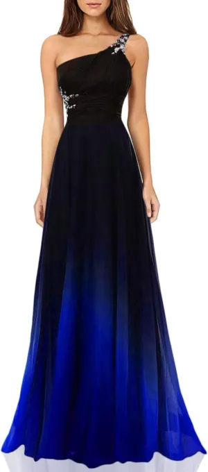Kivary Sheer Beaded Halter Gradient Ombre Chiffon Long Prom Evening Dresses