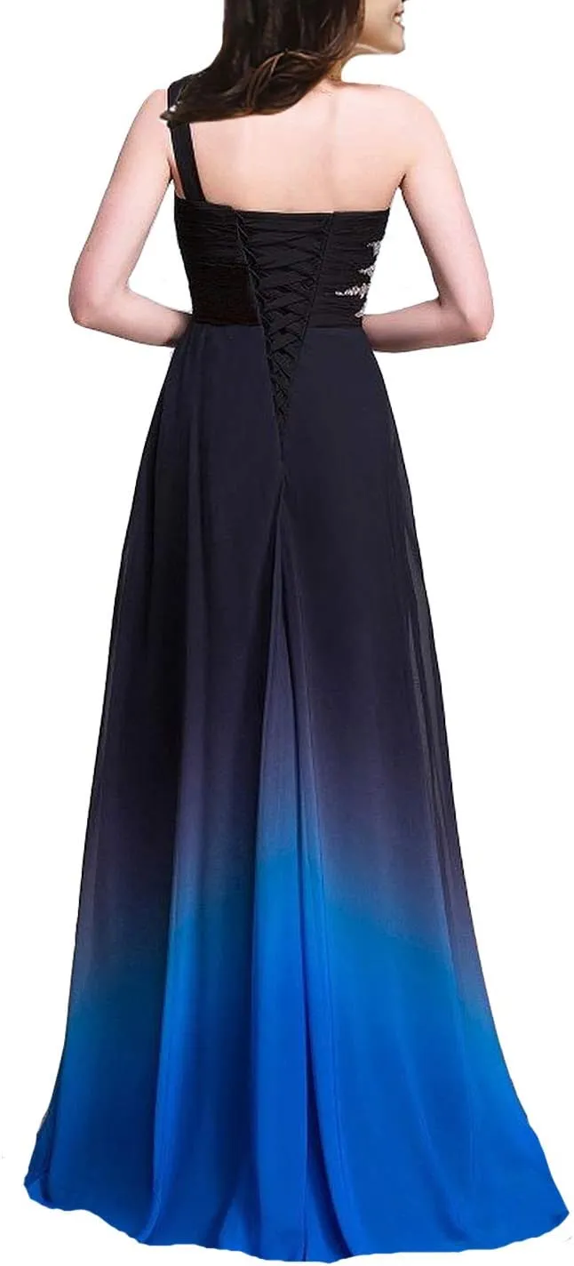 Kivary Sheer Beaded Halter Gradient Ombre Chiffon Long Prom Evening Dresses