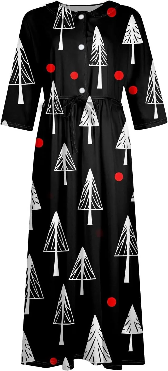 Ladies Fashion Christmas Print Lapel Button-Down Seven-Quarter Cuff Strap-Up Dress Women's Novelty Dresses
