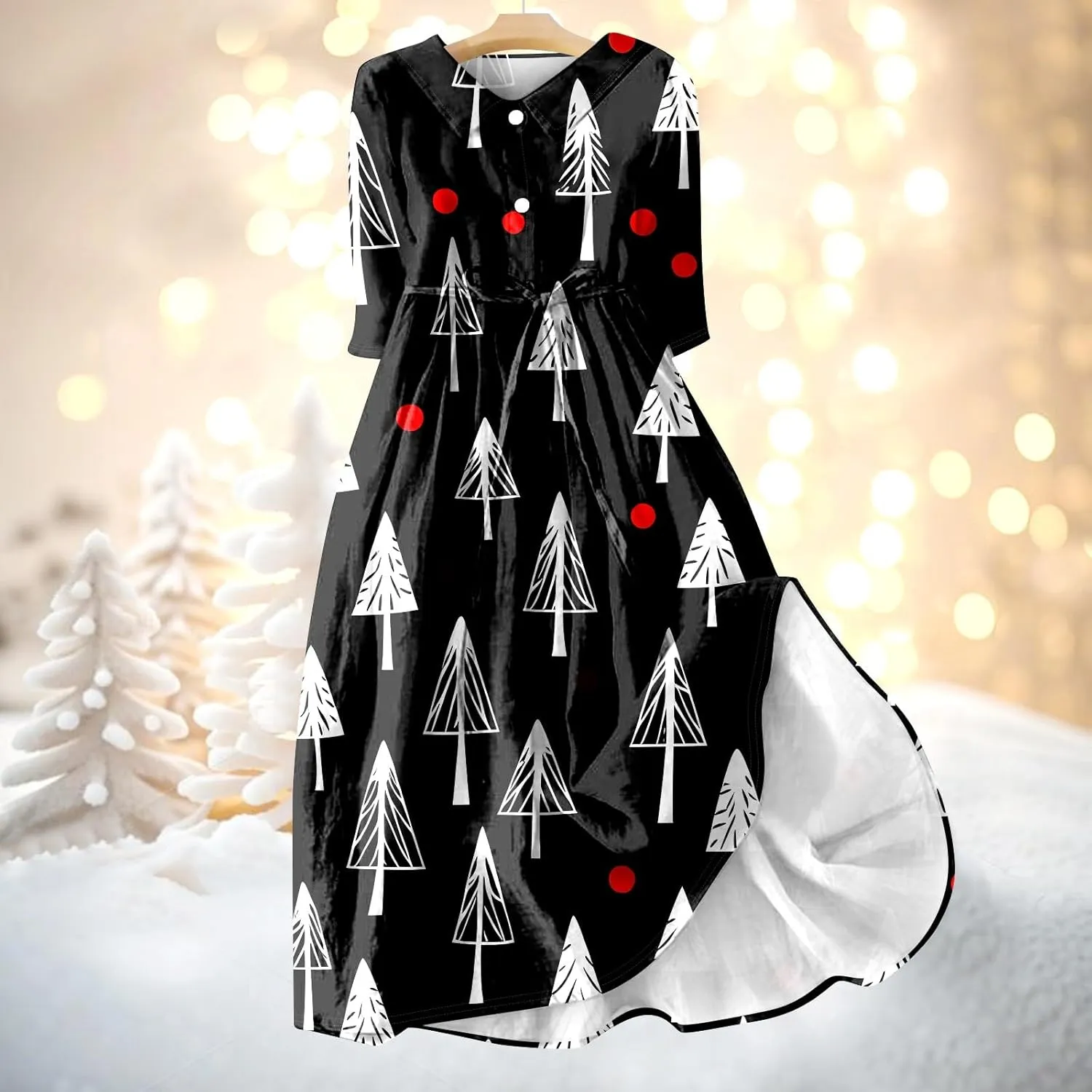 Ladies Fashion Christmas Print Lapel Button-Down Seven-Quarter Cuff Strap-Up Dress Women's Novelty Dresses