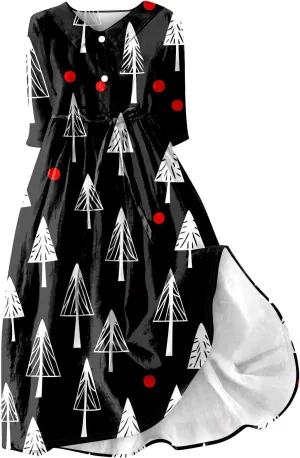 Ladies Fashion Christmas Print Lapel Button-Down Seven-Quarter Cuff Strap-Up Dress Women's Novelty Dresses