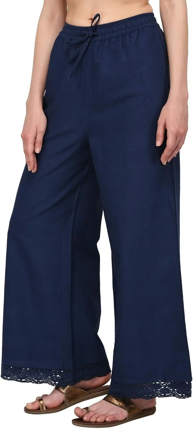 ladyline Women's Cotton Linen Palazzo Pant - Crotia Lace Border - Wide Leg Relax Pants