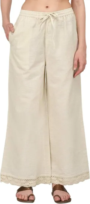 ladyline Women's Cotton Linen Palazzo Pant - Crotia Lace Border - Wide Leg Relax Pants