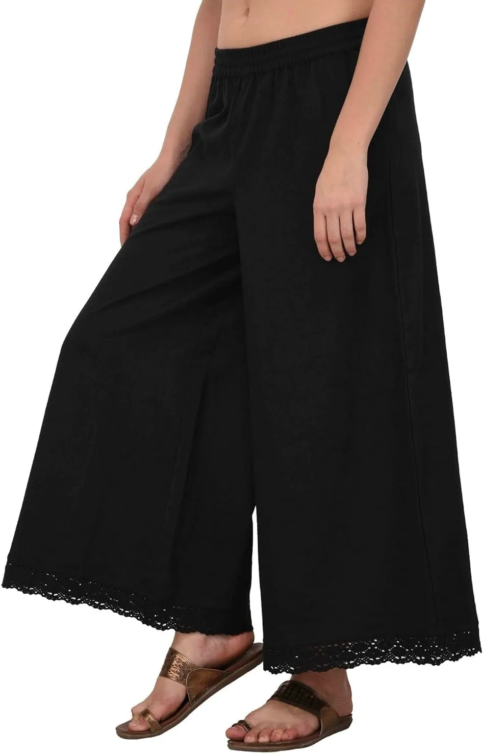 ladyline Women's Cotton Linen Palazzo Pant - Crotia Lace Border - Wide Leg Relax Pants