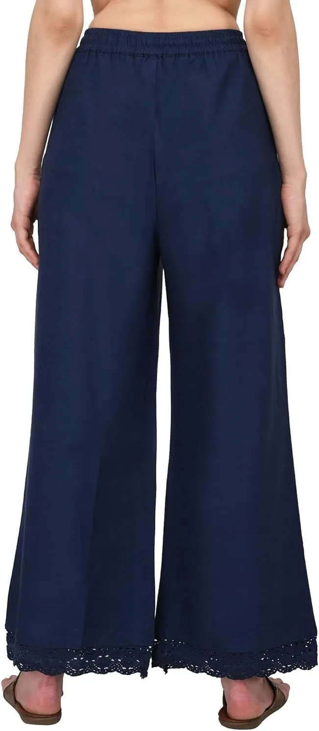 ladyline Women's Cotton Linen Palazzo Pant - Crotia Lace Border - Wide Leg Relax Pants