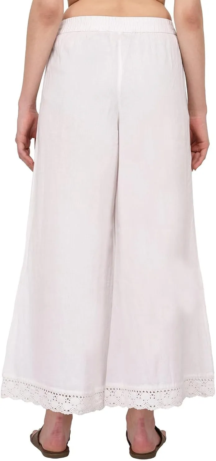 ladyline Women's Cotton Linen Palazzo Pant - Crotia Lace Border - Wide Leg Relax Pants