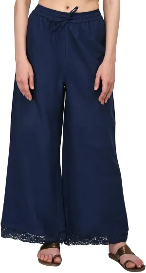 ladyline Women's Cotton Linen Palazzo Pant - Crotia Lace Border - Wide Leg Relax Pants