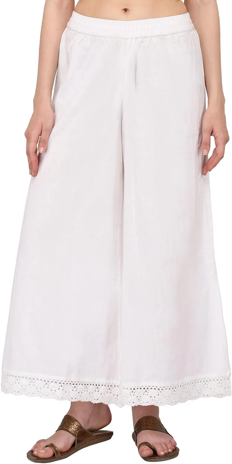 ladyline Women's Cotton Linen Palazzo Pant - Crotia Lace Border - Wide Leg Relax Pants