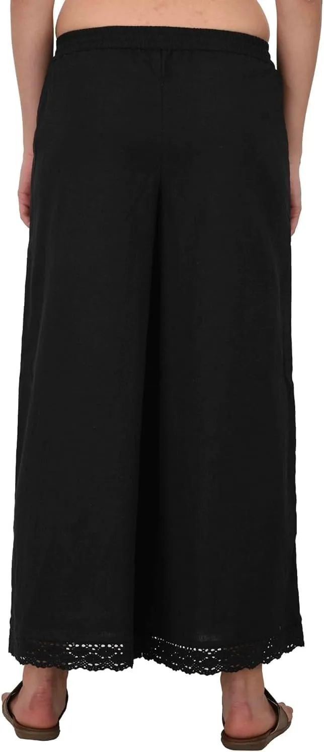 ladyline Women's Cotton Linen Palazzo Pant - Crotia Lace Border - Wide Leg Relax Pants