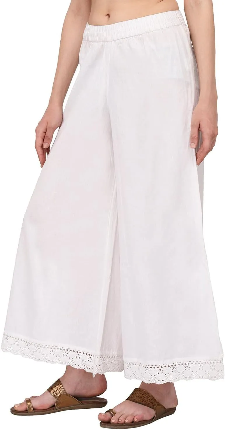 ladyline Women's Cotton Linen Palazzo Pant - Crotia Lace Border - Wide Leg Relax Pants