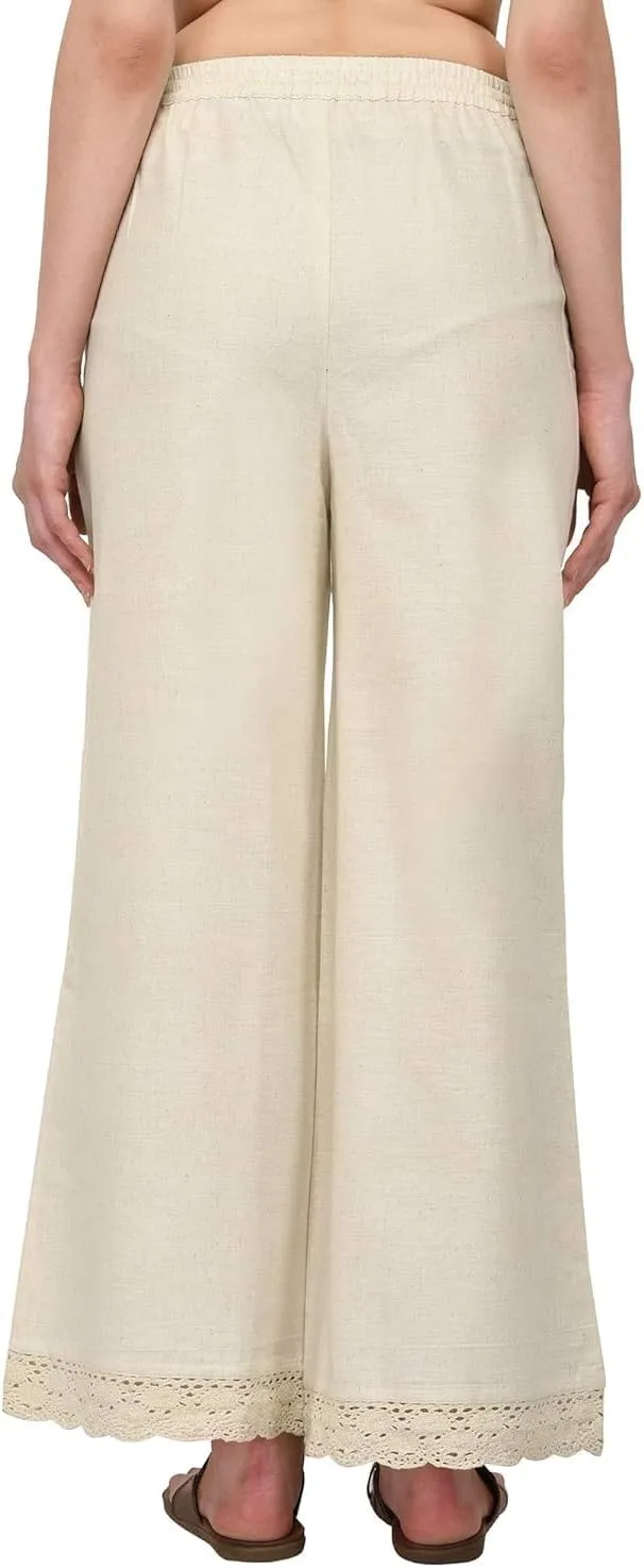 ladyline Women's Cotton Linen Palazzo Pant - Crotia Lace Border - Wide Leg Relax Pants