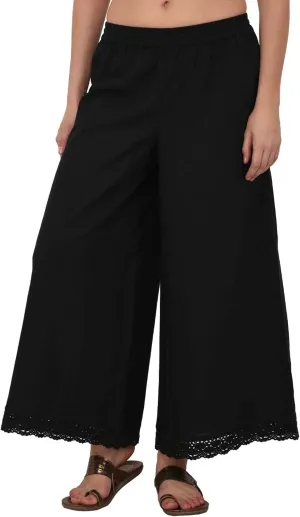 ladyline Women's Cotton Linen Palazzo Pant - Crotia Lace Border - Wide Leg Relax Pants