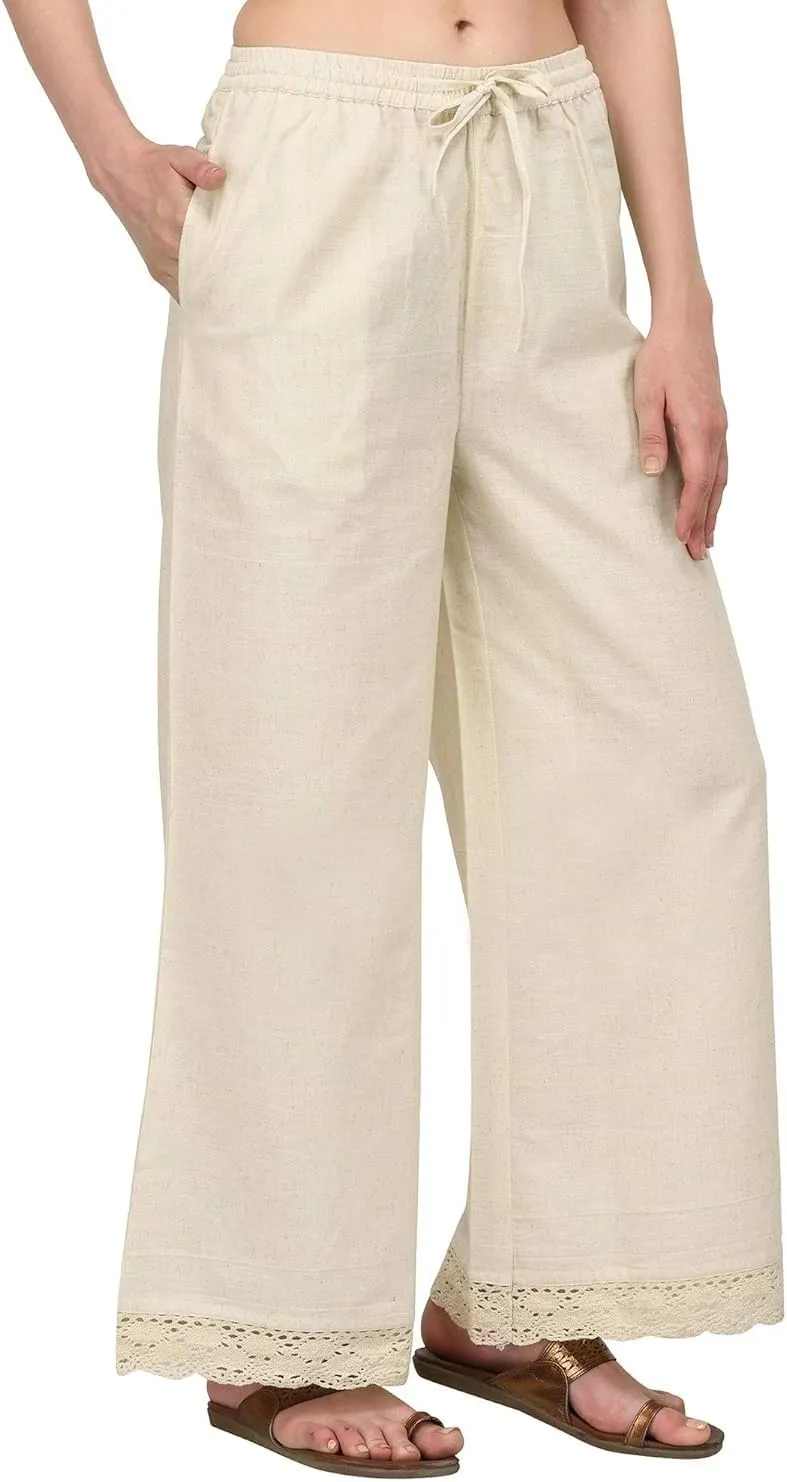 ladyline Women's Cotton Linen Palazzo Pant - Crotia Lace Border - Wide Leg Relax Pants