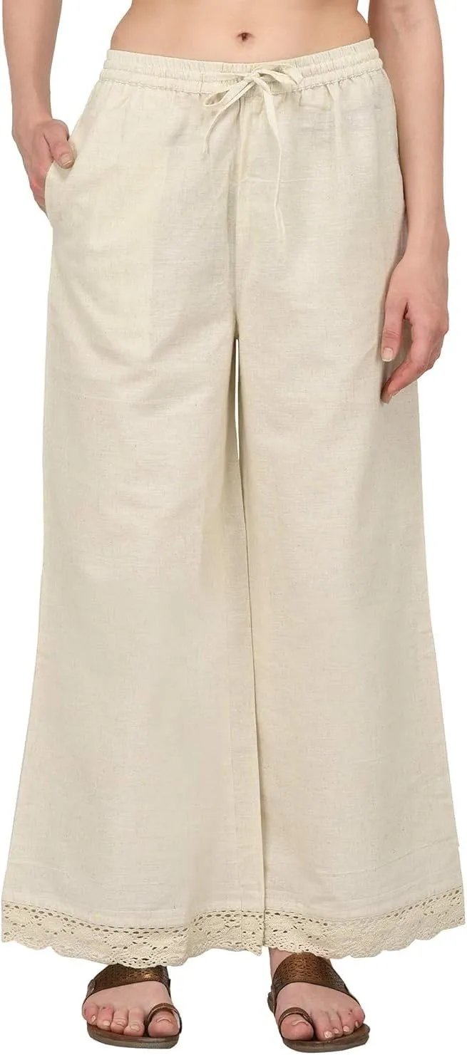 ladyline Women's Cotton Linen Palazzo Pant - Crotia Lace Border - Wide Leg Relax Pants