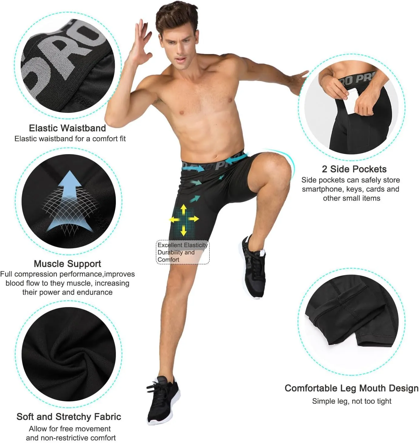 LANBAOSI Mens Compression Shorts with Phone Pocket Running Gym Yoga Athletic Tights Baselayer Summer Cool Dry Underwear Pack